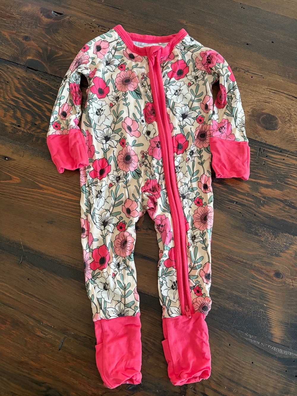 Pink Floral Zip-Front Baby Footed One-Piece
